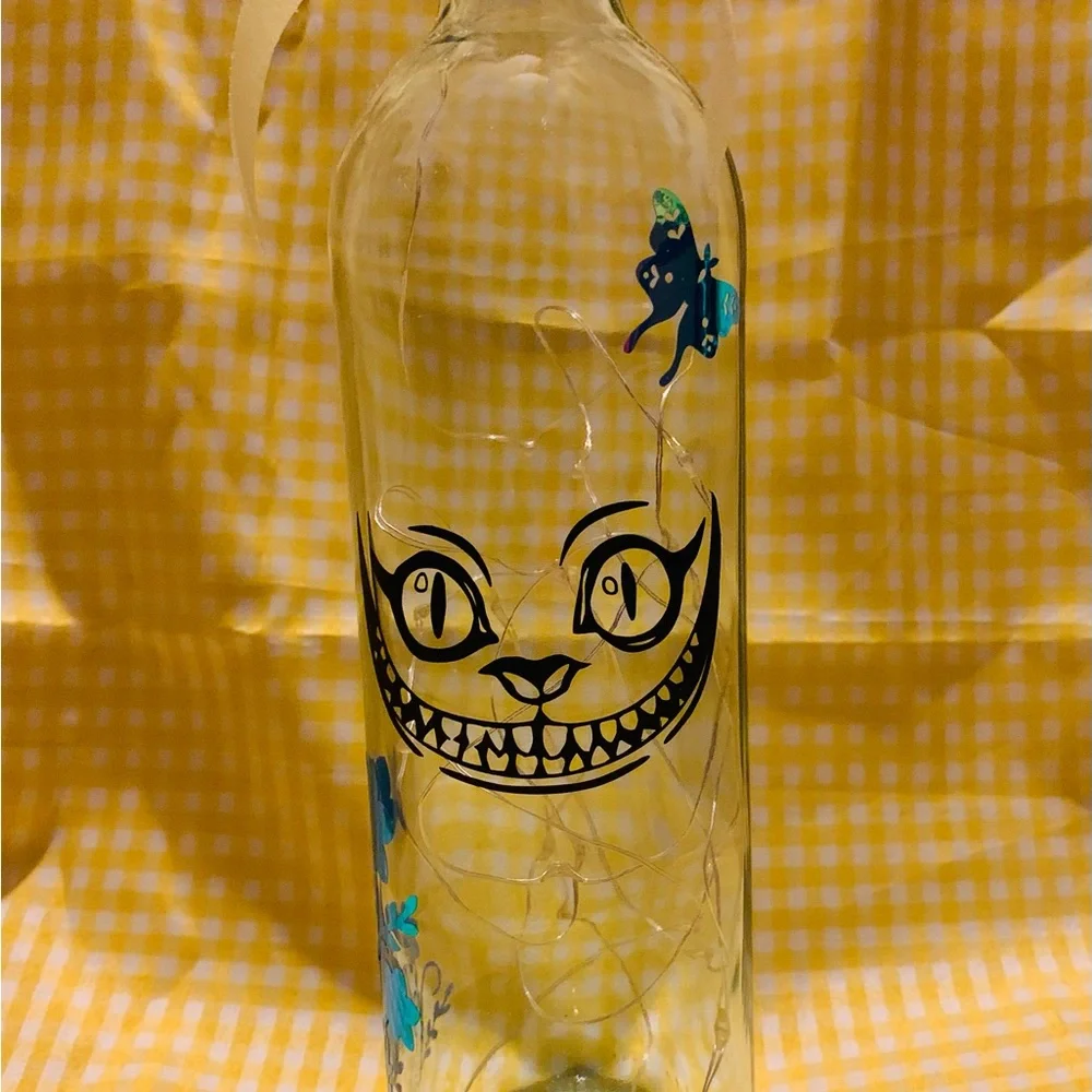 Hand Crafted- Cheshire Cat Smile wine bottle lantern